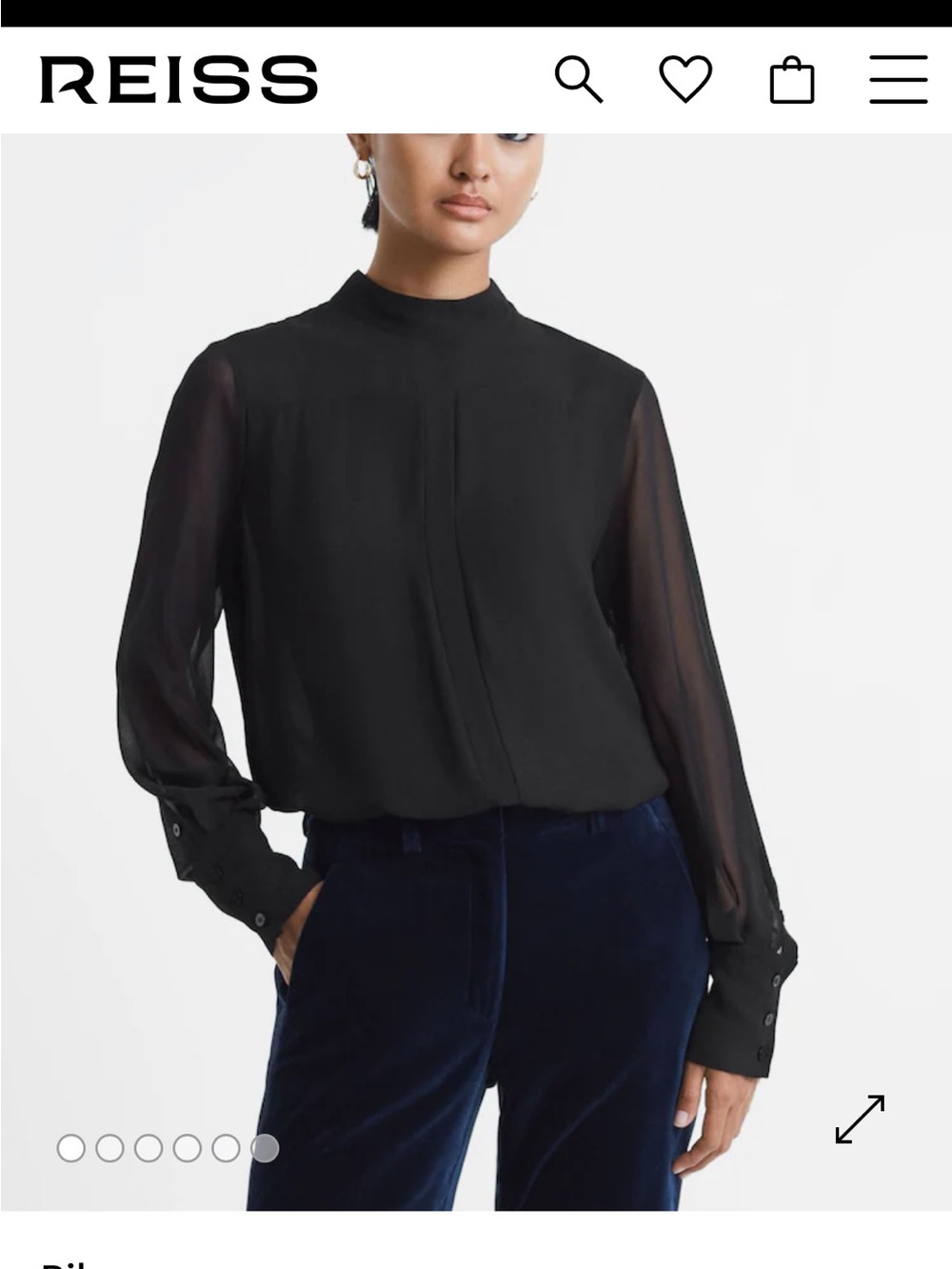 NWT - Reiss Black Sheer-Sleeve High Neck Blouse